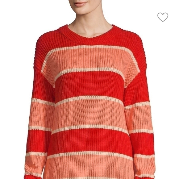 Saks Wythe NY Wide Striped Orange Coral Crew Neck Chunky Cozy Sweater Sz Medium - Picture 2 of 10